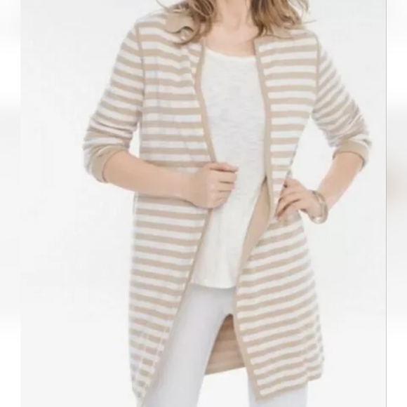 Chico's Reversible Neutral Tan Ecru Striped/Solid open Cardigan - Picture 1 of 4